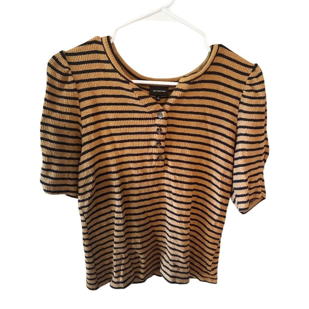 Who What Wear Womens Striped Henley Top Mustard Black Textured Puff Sleeve Small